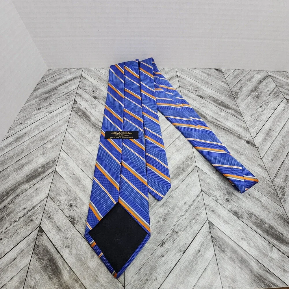 Brooks Brothers Irregular Silk Necktie Blue Orange‎ Striped Woven Men's Tie USA